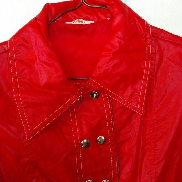 Vintage 1970s Rain Coat Jacket Glossy Nylon ciré red Twiggy Hepburn Retro Mod - Picture 5 of 11